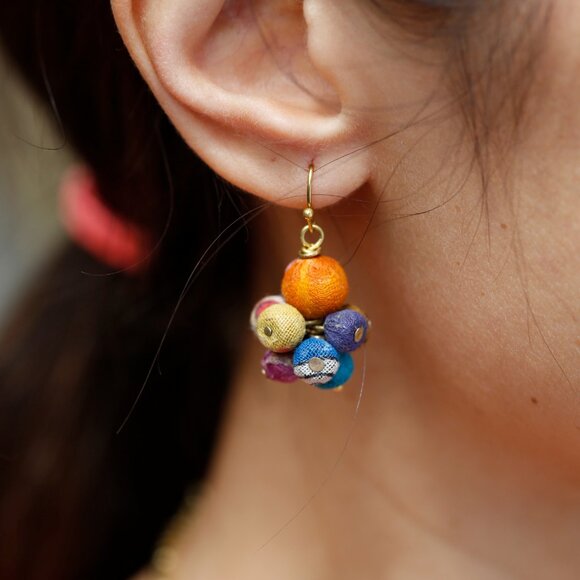 Fair Trade Small Drop Earrings Recycled Kantha Fabric Bead Boho Handmade Crafted - Picture 2 of 15
